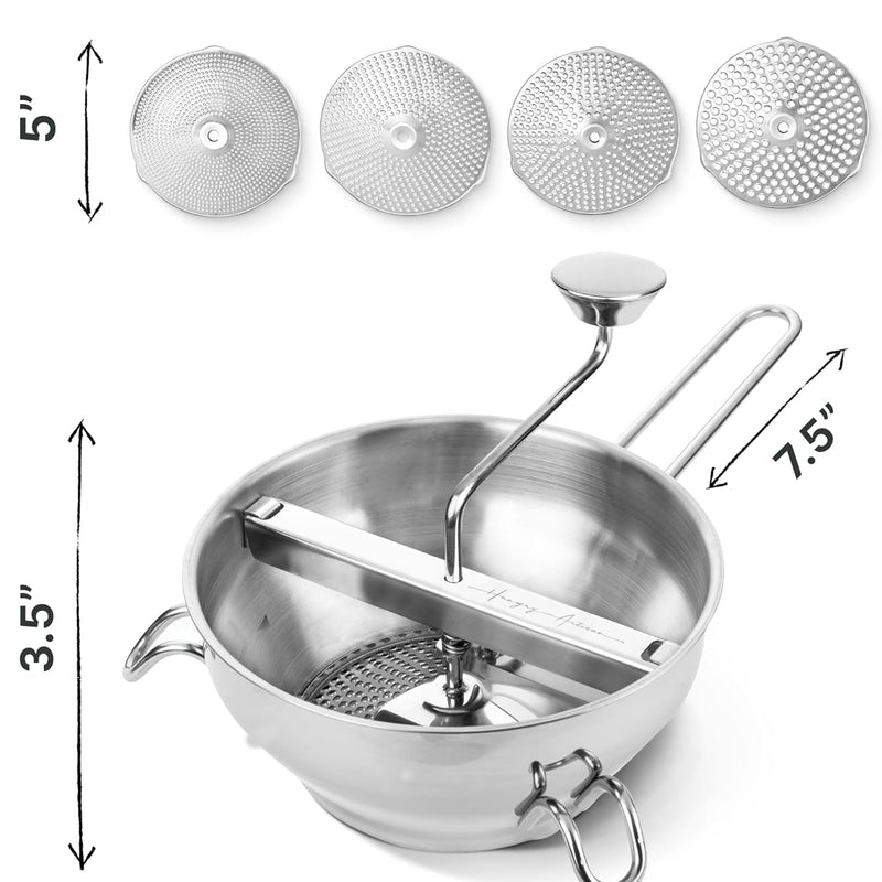 Hungry Artisan 4-Disc Food Mill for Jams, Purees & Silky Sauce | Stainless steel, ergonomic rotary crank; also for tomato sauce, canning, applesauce, baby food, berries & mashed potatoes