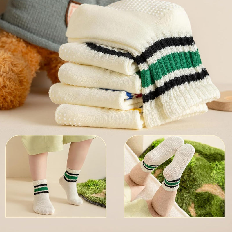 Toddler Grip Socks with Non-Slip Unisex Baby Stripe Crew Cotton Socks | Retro Seamless Ankle Socks for Girls Boys 6 Pairs