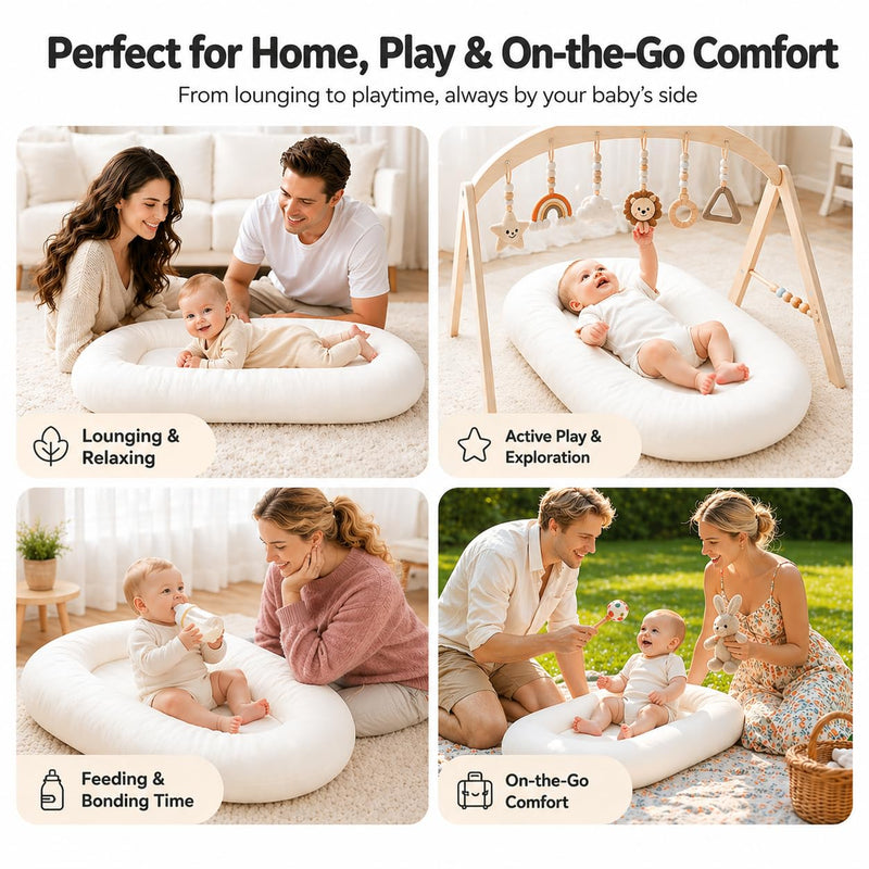 Baby Lounger for Newborns 0-24 Months - Baby Essentials | Soft Breathable Cotton Infant Support Cushion for Tummy Time & Play, Portable Infant Lounger - Cloud White (Cover Included)