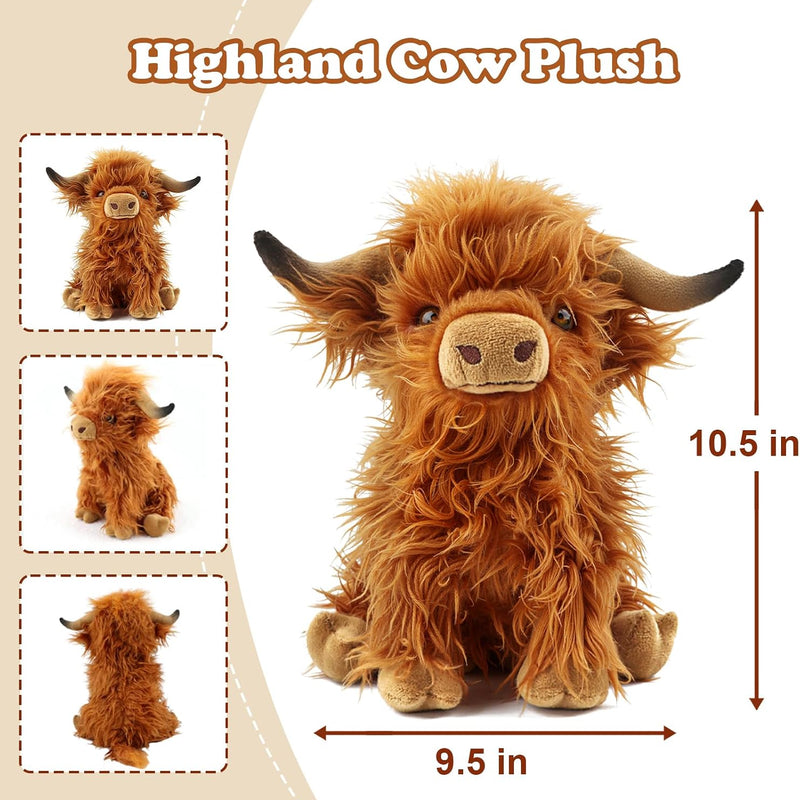 Highland Cow Stuffed Animal Toy, Adorable Highland Cow Plush, Scottish Cow Plush Toy, Farm Animal Cattle Plush Decor Gifts for Kids Baby Girls Boys (Brown Cow)