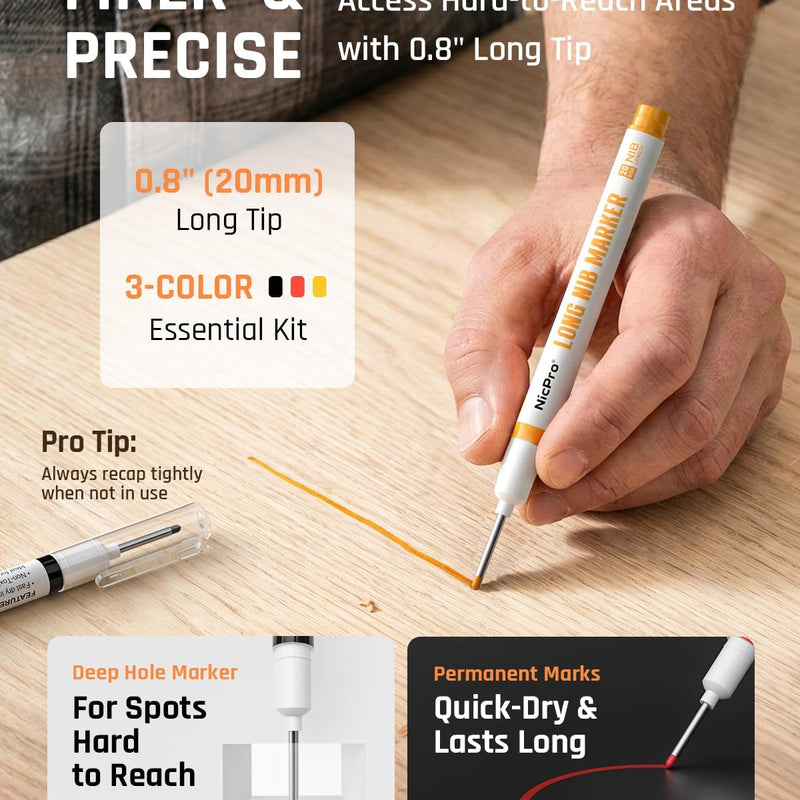Nicpro 2 Pack CP1000 Carpenter Pencil with Sharpener, Mechanical Carpenter Pencils with 26 Refills, Deep Hole Long Nib Marker Pens for Construction, Heavy Duty Woodworking Pencil for Architect Marking