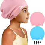 2 Pack Kids Extra Large Swim Cap for Long Thick Hair, Waterproof Silicone Swimming Cap for Toddler Child Youth Girls Boys, Durable Swim Hats Bathing Caps for Braids, Dreadlocks, Extensions, Afros