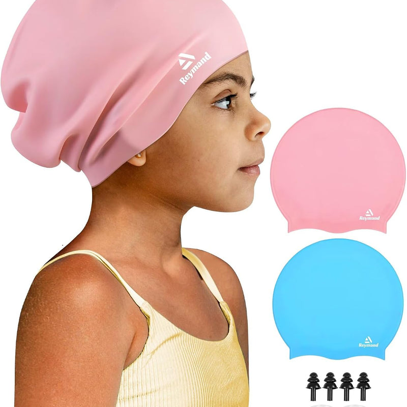 2 Pack Kids Extra Large Swim Cap for Long Thick Hair, Waterproof Silicone Swimming Cap for Toddler Child Youth Girls Boys, Durable Swim Hats Bathing Caps for Braids, Dreadlocks, Extensions, Afros
