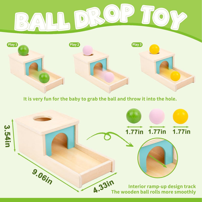 adenas montessori wooden toy for 6-12 month baby 3 balls with tray, object permanence box for toddler kid 1-2 year old preschool gift