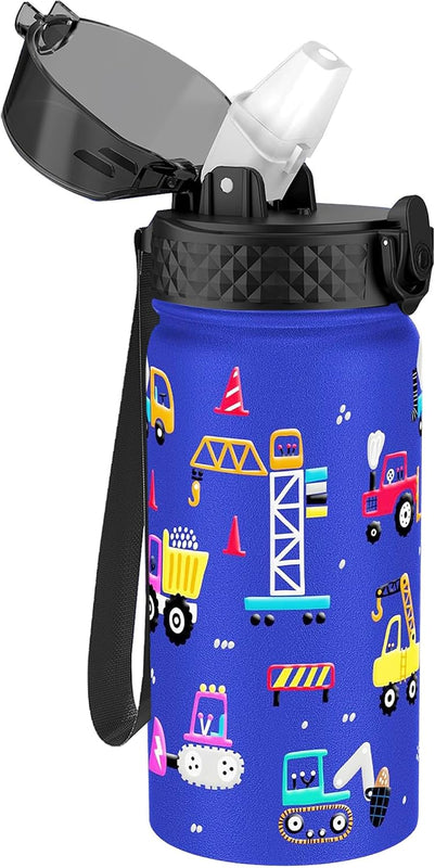 GOPPUS Kids Water Bottle (Straw Lid) - 14 Oz Stainless Steel Travel Bottle, Double Wall Vacuum Leak Proof Kids Cup for School Boys Girls,Space dinosaur