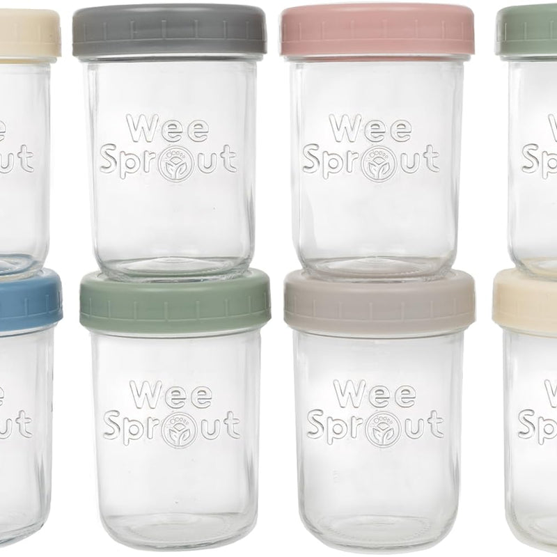 WeeSprout Glass Baby Food Storage Jars w/Lids (4 oz, 12 Pack Set) Snack, Puree, Reusable Small Containers, Breast Milk, Fridge or Freezer, Microwave & Dishwasher Safe, Essential Must Have for Infants
