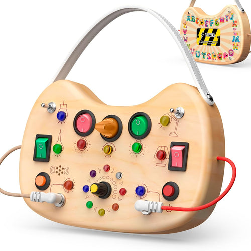 Montessori Busy Board with LED Lights & 12 Buttons, Portable Travel Toy for Toddlers 1-3 Years