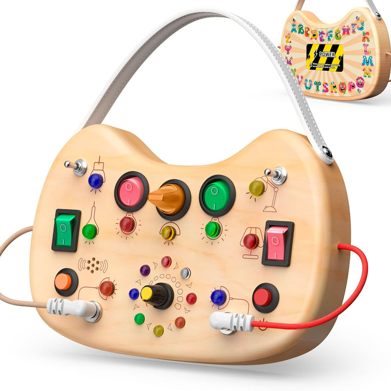 Montessori Busy Board with LED Lights & 12 Buttons, Portable Travel Toy for Toddlers 1-3 Years