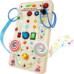 Montessori Wooden Busy Board with LED Lights, Music & Spinning Top for Toddler Sensory Development