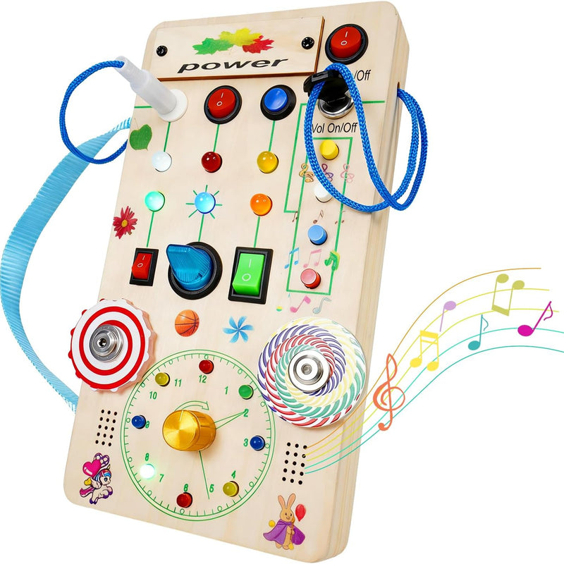 Montessori Wooden Busy Board with LED Lights, Music & Spinning Top for Toddler Sensory Development