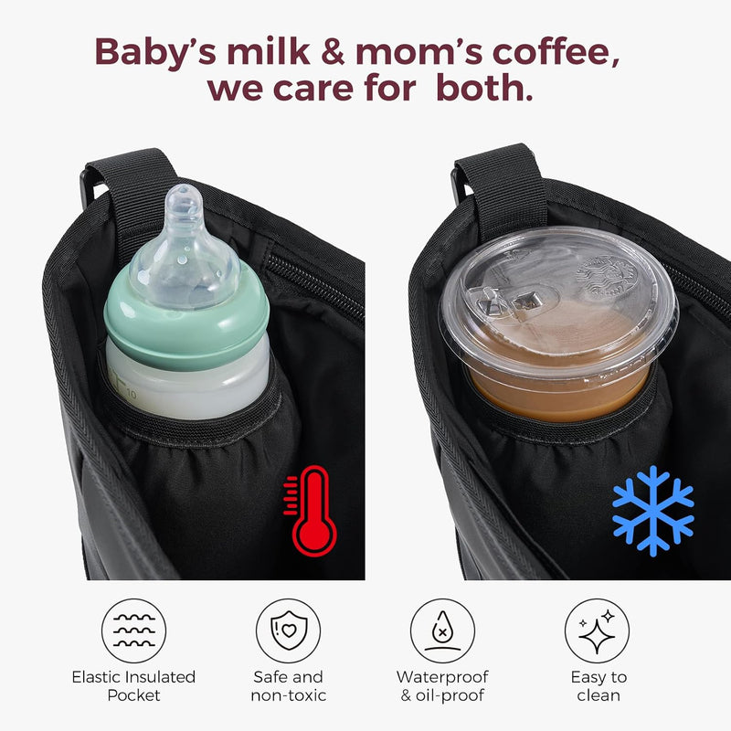 Momcozy Slim Stroller Organizer with 2 Insulated Cup Holders | Non-Slip Silicone Straps with Detachable Mini Pouch, Dense-Weave Parent Console, Fits UPPAbaby, Doona, Graco and More