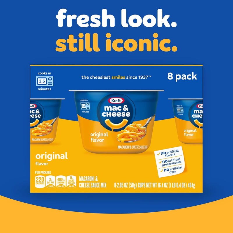 Kraft Mac and Cheese Dinner, 8 Microwaveable Cups, Original, 2.05 oz | for Easy Dinner or Dinner Sides No Artificial Flavors, Preservatives or Dyes