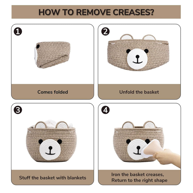 Baby Basket for Gifts Empty, Cute Bear Design, Light Brown | 10.5" x 8.5" Baby Shower Basket for Kids Boys Newborn Storage, Toy Basket for Living Room Nursery Décor, Soft Cotton Rope