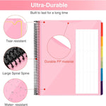 Forvencer 12 Pocket Project Organizer, 1/6-cut Tab Binder Organizer with Sticky Labels, Multi Pocket Folder with Zipper Pouch, Folder Binder Spiral Pocket Notebook, Office Supplies, Letter Size, Pink