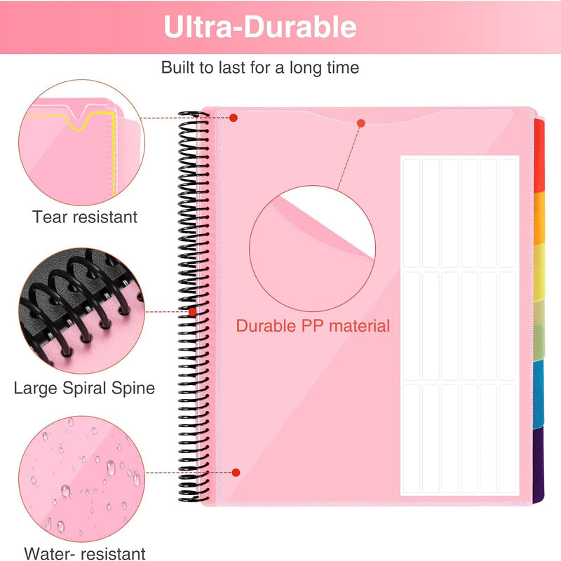 Forvencer 12 Pocket Project Organizer, 1/6-cut Tab Binder Organizer with Sticky Labels, Multi Pocket Folder with Zipper Pouch, Folder Binder Spiral Pocket Notebook, Office Supplies, Letter Size, Pink