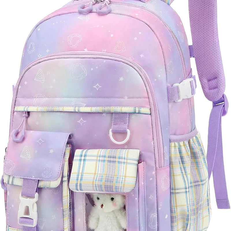 PRLINJSK Girls Backpack，Cute School Backpack for Girls Kids Teens，Kawaii Bookbag for Primary Elementary，Pink