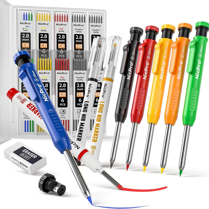 Nicpro 2 Pack CP1000 Carpenter Pencil with Sharpener, Mechanical Carpenter Pencils with 26 Refills, Deep Hole Long Nib Marker Pens for Construction, Heavy Duty Woodworking Pencil for Architect Marking