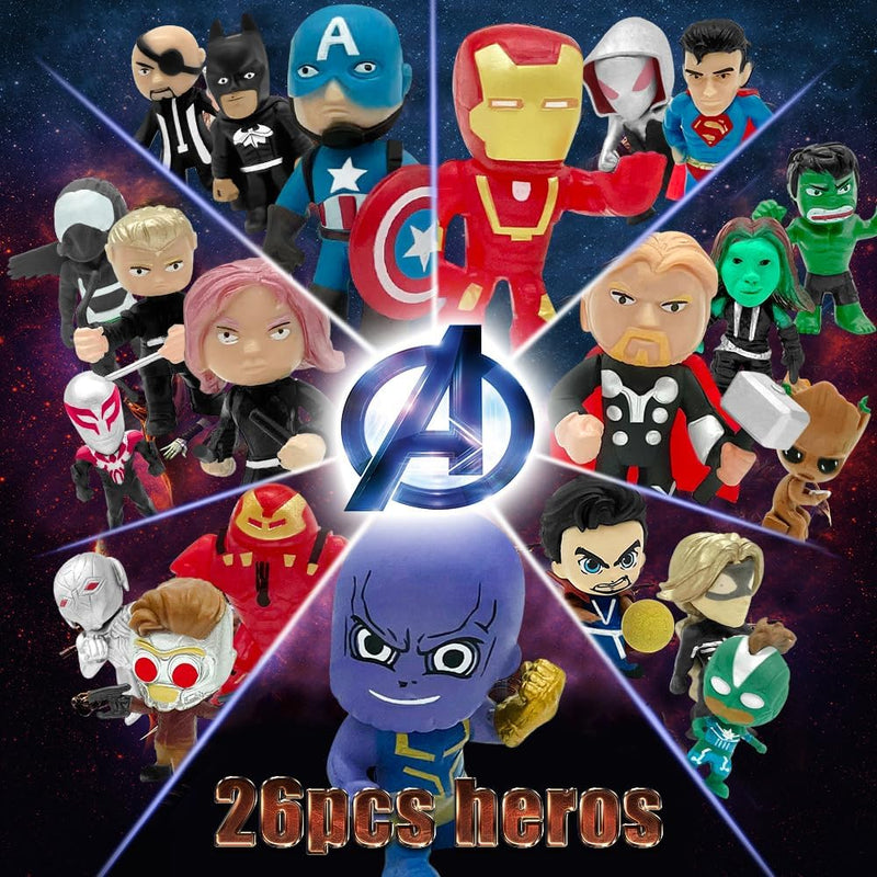 Mini Superhero Toys, 26PCS Minifigures Small Action Figures Superhero Party Birthday Decorations for Kids’ Christmas Stocking, Easter Eggs Cake Toppers Collectibles