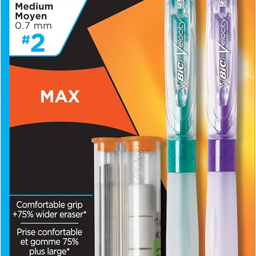 BIC Velocity Max Mechanical Pencils, With Colorful Barrel, Medium Point (0.7mm), 2-Count Pack Mechanical Pencils With Erasers and Lead Refills
