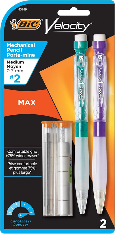 BIC Velocity Max Mechanical Pencils, With Colorful Barrel, Medium Point (0.7mm), 2-Count Pack Mechanical Pencils With Erasers and Lead Refills