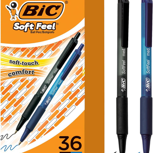 BIC Soft Feel Retractable Ballpoint Pen,1.0 mm Medium Point, Bulk School Supplies for Students and Teachers, No-Slip Grip, 36-Count in Black & Blue