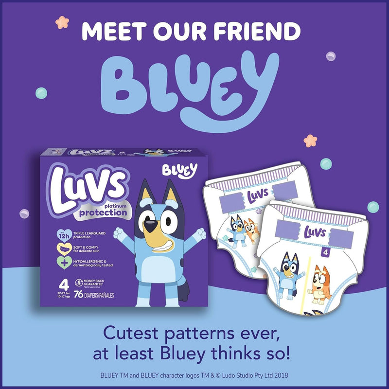 Luvs Size 4 Baby Diapers, Platinum Protection Bluey Diapers for Day & Night,Size 4 (22-37 lbs), 198 Count