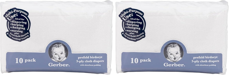 Gerber Unisex Baby Boys Girls Birdseye Prefold Cloth Diapers Multipack White 3-Ply 10 Pack