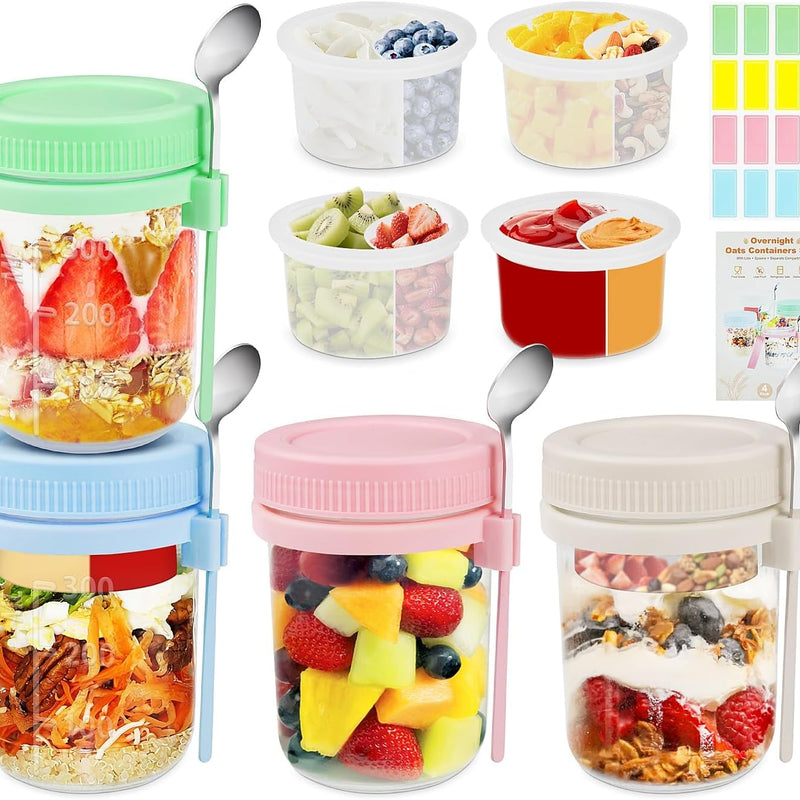 Overnight Oats Containers with Lids and Spoons - 4 Pack 16 oz Glass Mason Jars with Separate Compartments Airtight Overnight Oat Jars Leakproof Yogurt Parfait Cup for Oatmeal Chia Pudding Cereal Salad