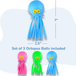 ArtCreativity octopus water balls, 3-pack, non-toxic durable rubber, bright blue green pink, 7.5" tall, 2.5" wide, 1-3 years, bath toys for kids