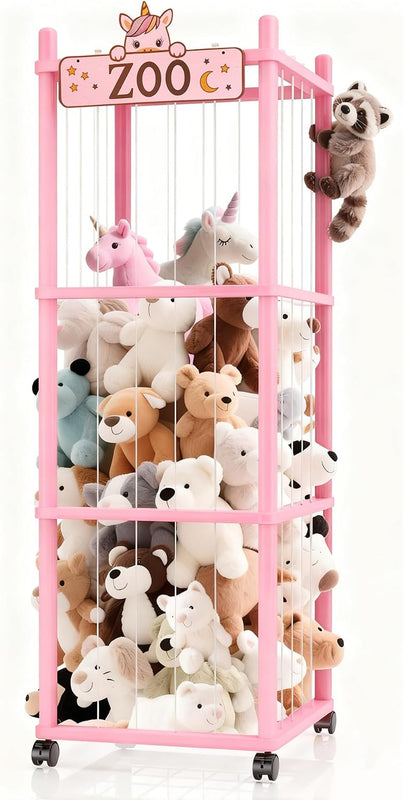 Stuffed Animal Storage Zoo Tower,56In Wooden Large Stuffed Animal Holder Organizer with Wheels,Stuffy Plushies Storage with Elastic Band&Mesh Bottom,Toy Storage Organizers for Playroom Bedroom Nursery