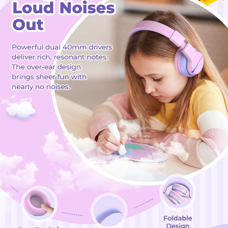 iClever BTH12 Kids Bluetooth Headphones 85H Playtime with LED Lights Travel | SafeSound Tech, Stereo Sound, USB C Charging AUX Cable Over Ear Built-in Mic, Kids Wireless Headphones for Toddler Boys Girls