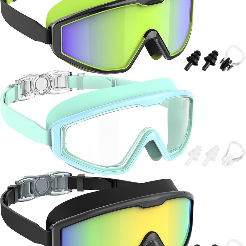 NSSIW Swim Goggles Swimming Kids-Goggles: Anti Fog No Leak with Nose Clip Earplugs for Girls Boys Youth 6-14 3 Pack
