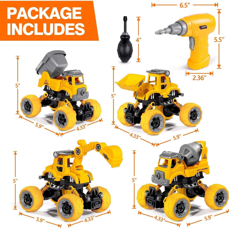 LUDILO Toys for 3 4 5 Year Old Boy Birthday Gift: 4PCS Take Apart Construction Truck Excavator Toy with Electric Drill, Kids Building Stem Learning Toy Gifts for 3 4 5 6 Year Old Boys Toys Age 4-6 3-5