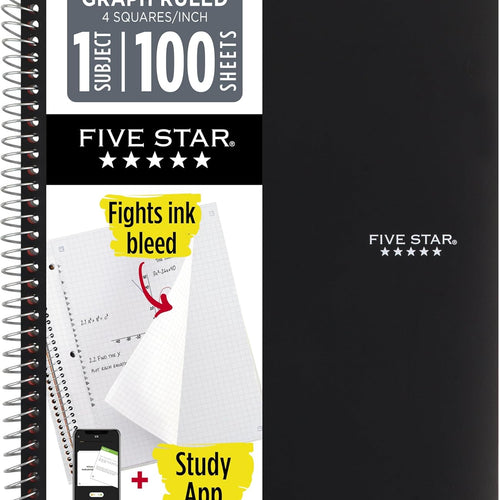 Five Star Spiral Notebook + Study App, 1 Subject, Graph Ruled Paper, 8-1/2" x 11", 100 Sheets, Fights Ink Bleed, Water Resistant Cover, Black (73679)
