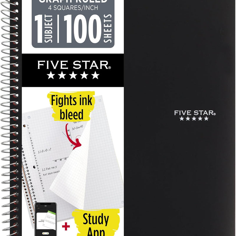 Five Star Spiral Notebook + Study App, 1 Subject, Graph Ruled Paper, 8-1/2" x 11", 100 Sheets, Fights Ink Bleed, Water Resistant Cover, Black (73679)