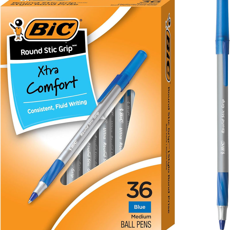 BIC Round Stic Grip Xtra Comfort Black Ballpoint Pens, Medium Point (1.2mm), 36-Count Pack, Perfect Writing Pens With Soft Grip for Superb Comfort and Control