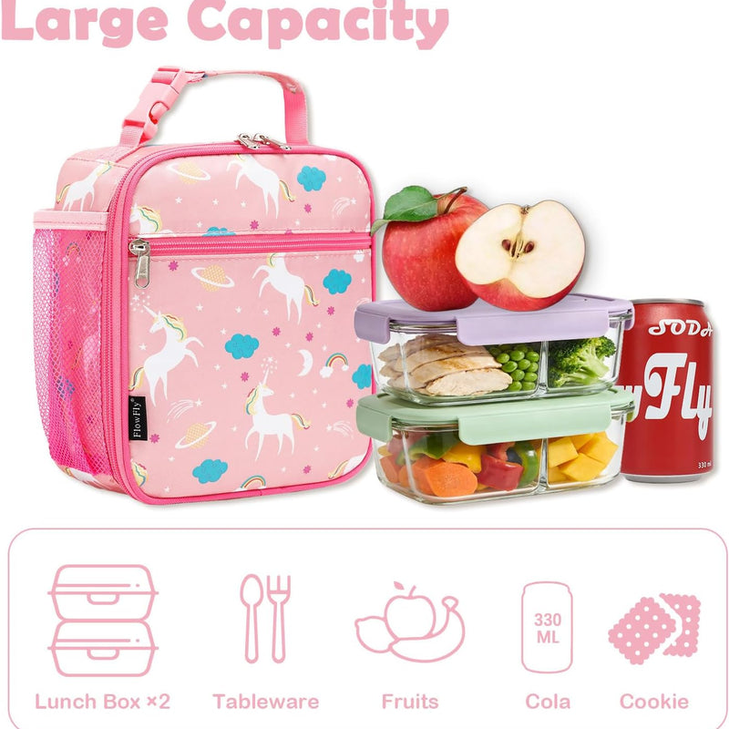 FlowFly Kids Lunch box Insulated Soft Bag Mini Cooler Back to School Thermal Meal Tote Kit for Girls, Boys, Unicorn