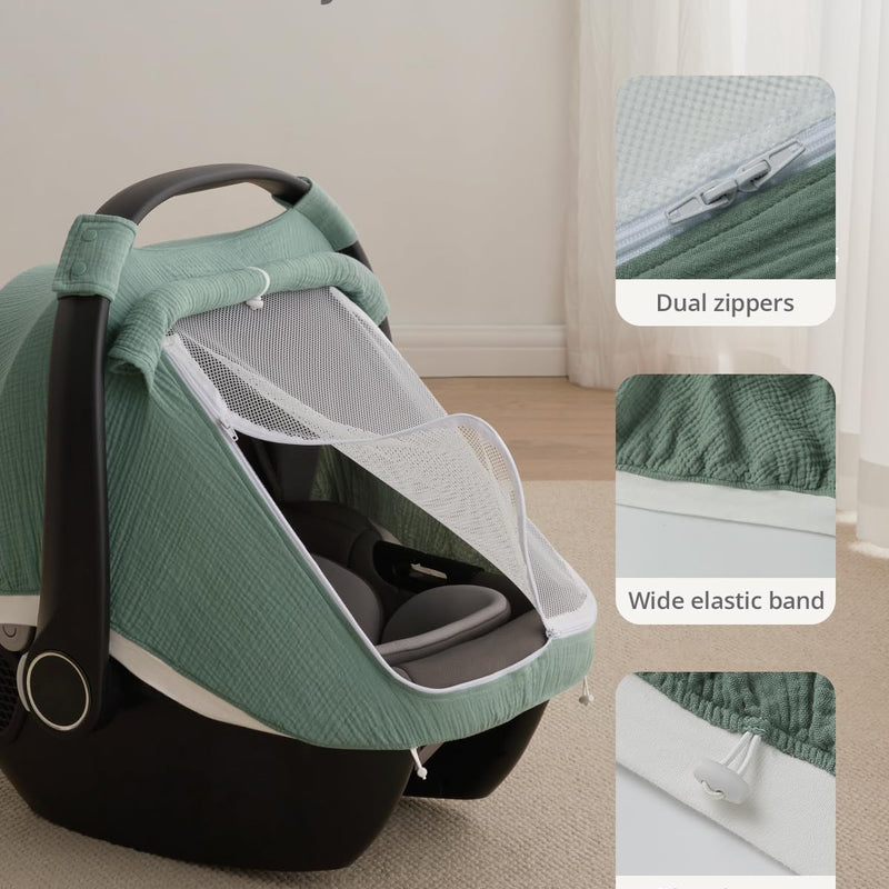 Blissful Diary Baby Car Seat Cover, Extra Large Mesh Window, Breathable Muslin Cotton, Infant Windproof Canopy, Must-Have Baby Gift - Roman Green