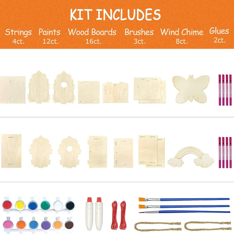 4 Pack DIY Bird House Wind Chime Kit for Crafts for Kids Ages 4-8 | Build and Paint Birdhouses Wooden Arts Kits Easter Basket Stuffers Gifts for Girls Kids Boys Toddlers Ages 3-5 4-6 6-8 8-12