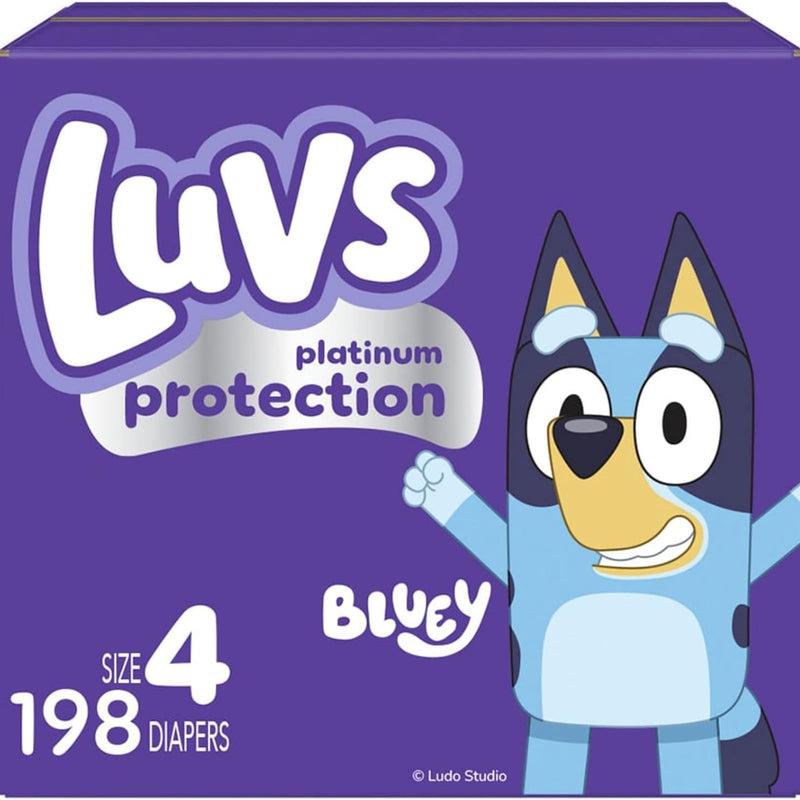 Luvs Size 4 Baby Diapers, Platinum Protection Bluey Diapers for Day & Night,Size 4 (22-37 lbs), 198 Count