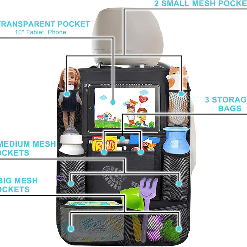 Matenf Backseat Car Organizer with 9 Storage Pockets | 10" Tablet Holder, Keep Car Organized & Tidy, Seat Back Cover for Kid Toddler, Kick Mats Protector, Travel Accessories, 1 Pcs