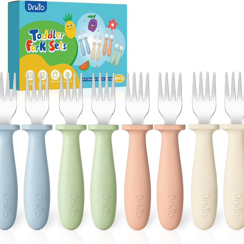 8 Pcs Toddler Forks Set Baby Forks with Silicone Handle | Kids Utensils Anti-Choke Design for Children's Safe Self-Feeding, Food-Grade Stainless Steel, Dishwasher Safe, BPA-Free