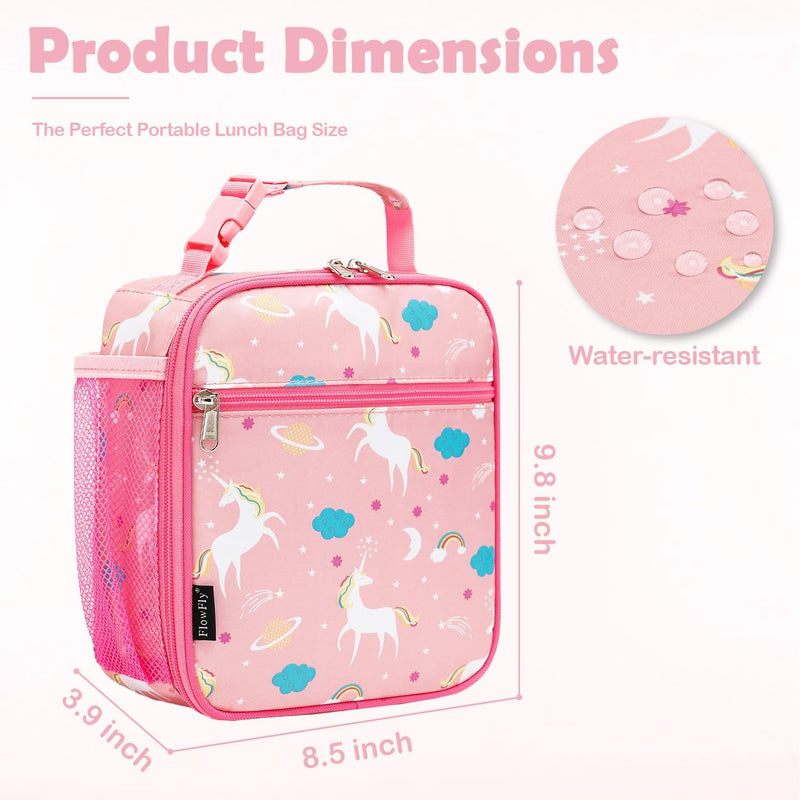 FlowFly Kids Lunch box Insulated Soft Bag Mini Cooler Back to School Thermal Meal Tote Kit for Girls, Boys, Unicorn