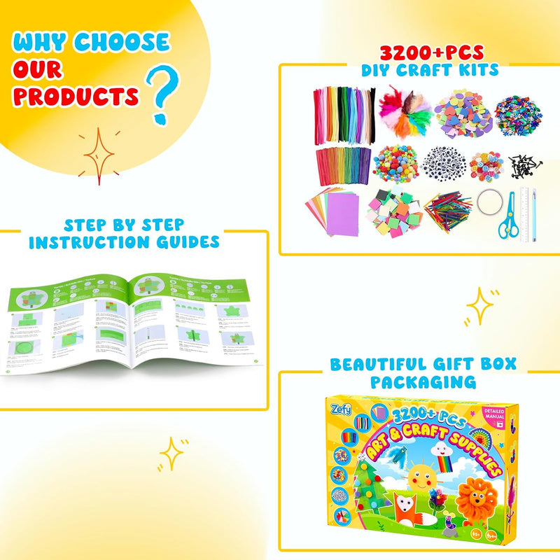 Zefy 3200+ Pcs Arts and Crafts Supplies for Kids, All in One Craft Kits | DIY School Supplies Kit with 12 Crafts Design, Craft Box Easter Gifts for Girls Boys Ages 4-12