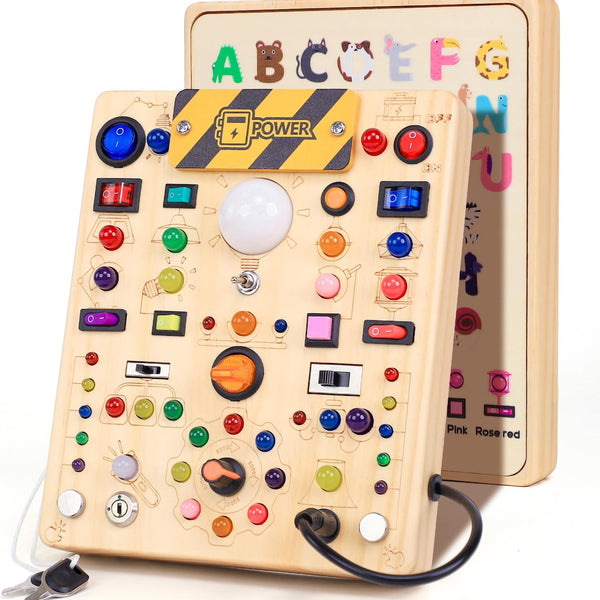 busy board with 19 led light switches for 1-3 year olds, montessori toy for toddlers with 40 led lights and 26 alphabet letters