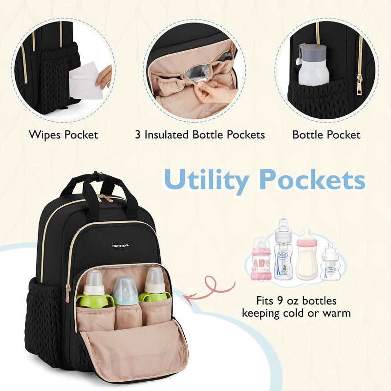 mommore Diaper Bag Backpack, Large Travel Baby Bag for Daily Essentials | Stylish Diaper Backpack for Toddler, Insulated Pockets, Changing Pad & Stroller Straps for Outdoor Trip