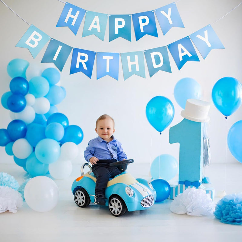 Blue Happy Birthday Banner Pre-Strung Party Decoration for Women Men Girls Boys - 13 Paper Banners with String