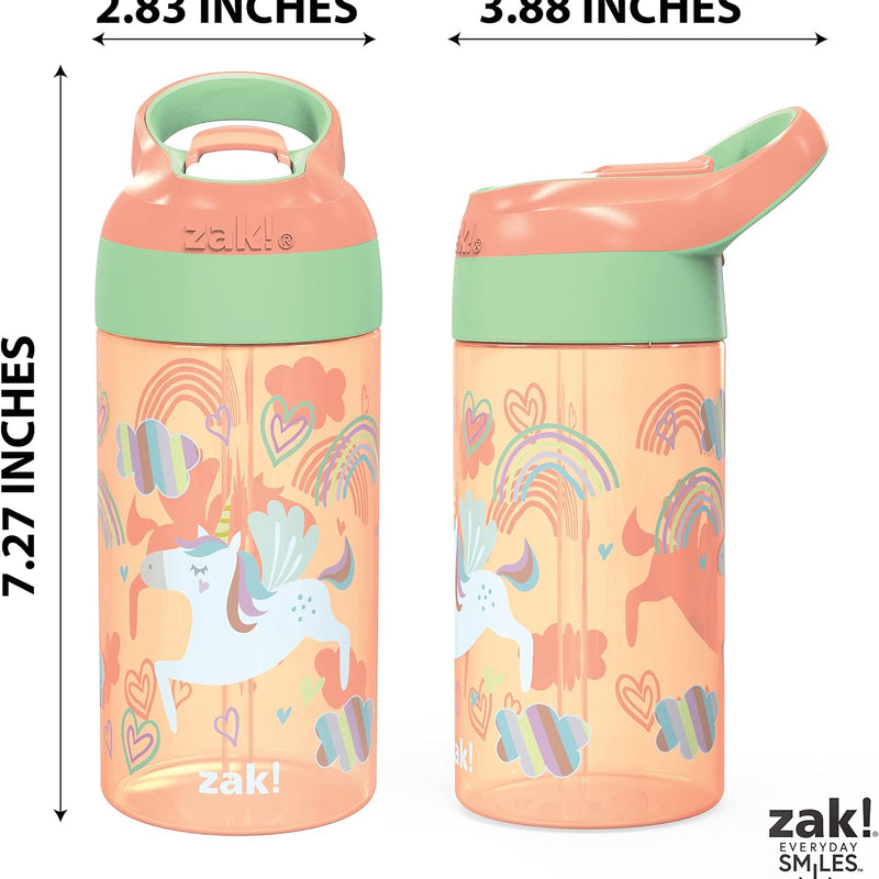 Zak Designs 16oz Riverside Kids Water Bottle with Spout Cover and Built-in Carrying Loop, Made of Durable Plastic, Leak-Proof Water Bottle Design for Travel (Unicorn & Shells, Pack of 2)