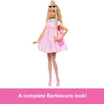 Barbie Deluxe Style Doll #3 in Barbiecore Outfit, Blond Hair in Top Knot, Pink Pastel Dress with Oversized Bow and Accessories Like Mesh Tights​​​