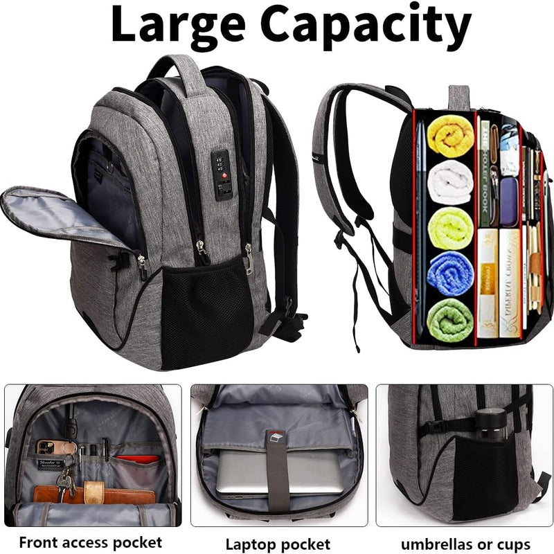 SHRRADOO Anti Theft Laptop Backpack Travel Backpacks with Combination Lock for Women Men College Backpack Computer Bag Fits 17 Inch Laptop,Grey